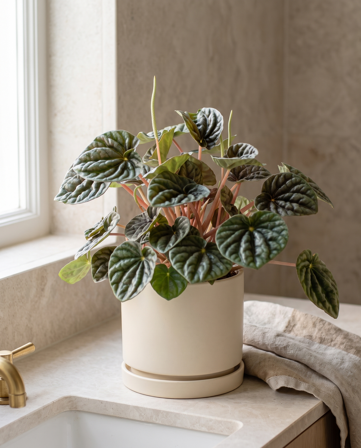 Peperomia Ripple in a cream ceramic on a stone counter