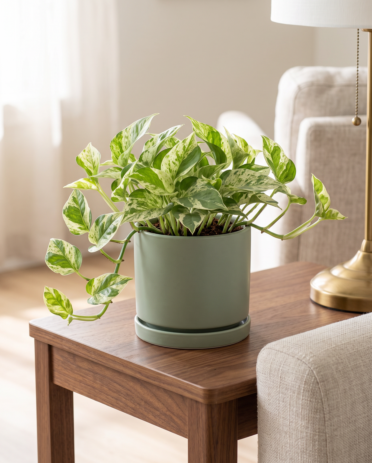 Medium Pearls and Jade in a sage ceramic on a wood side table