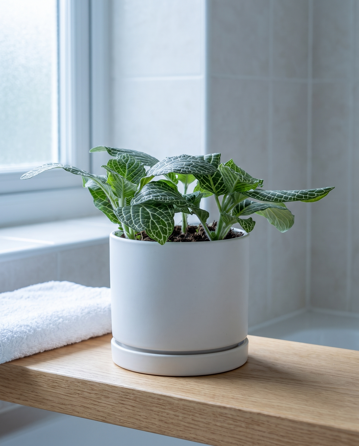 White-vein Fittonia in a white ceramic on an oak bathroom shelf