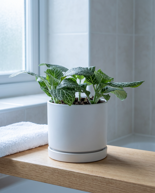 White-vein Fittonia in a white ceramic on an oak bathroom shelf