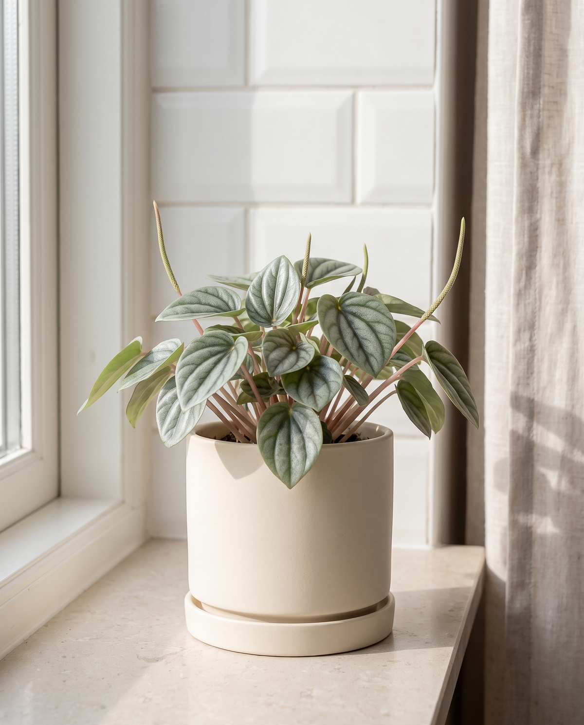 Peperomia Frost in a cream ceramic on a stone kitchen windowsill