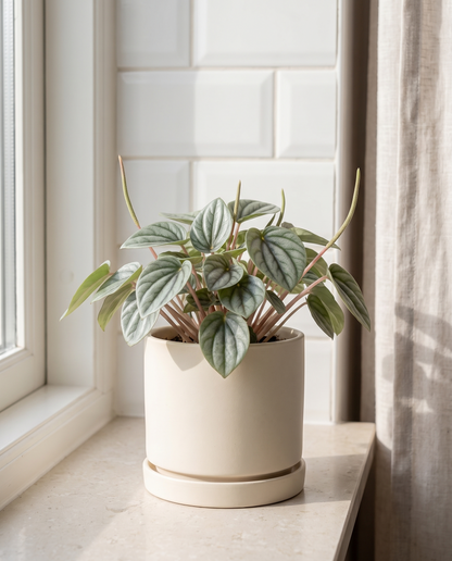 Peperomia Frost in a cream ceramic on a stone kitchen windowsill