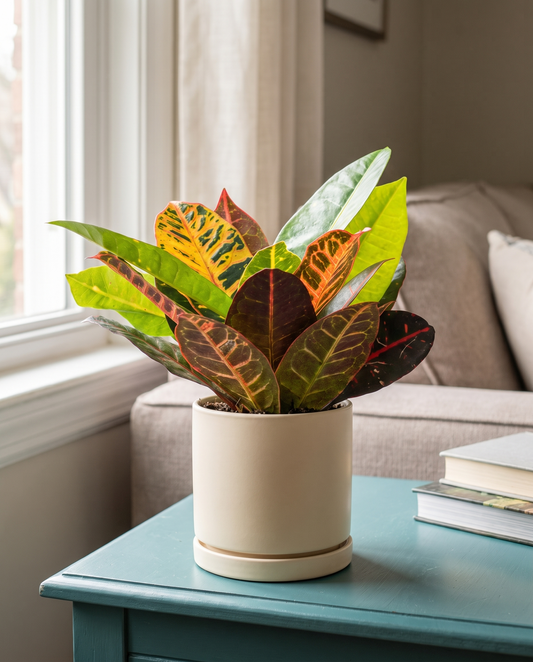 Croton Petra in a cream ceramic on a teal side table