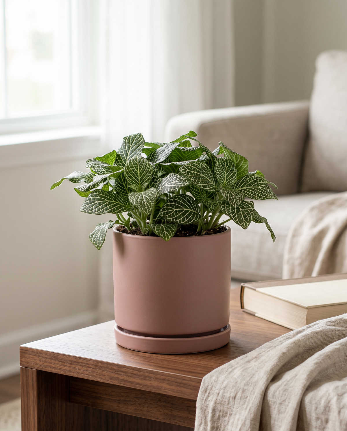 Medium white-vein Fittonia in a dusty-rose ceramic on a walnut table