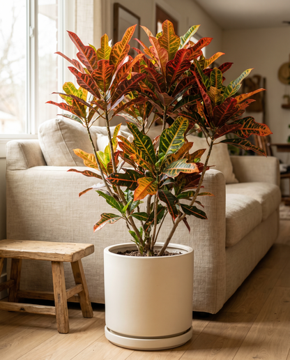Large Croton Petra in a cream ceramic on a living-room floor