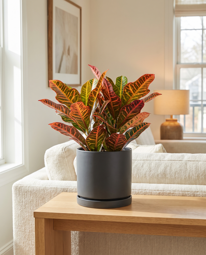 Medium Croton Petra in a charcoal ceramic on an oak console