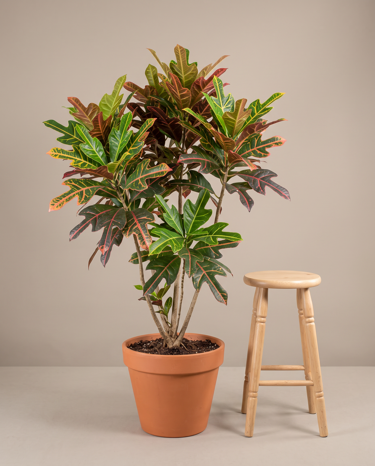 Stool beside a large 8–10-inch Croton Petra in a grow pot