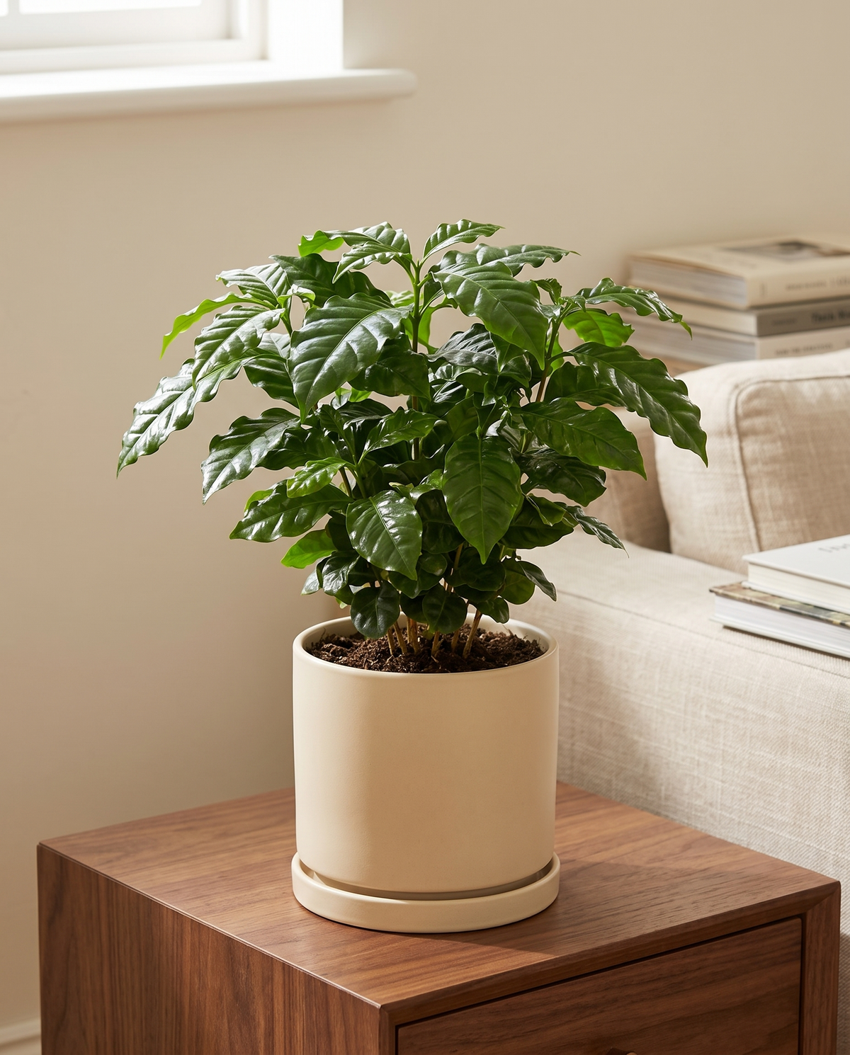 Medium Coffee Plant in a cream ceramic on a walnut side table