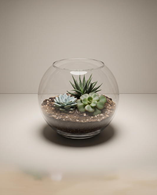 DIY succulent terrarium kit, finished glass bowl with three succulents