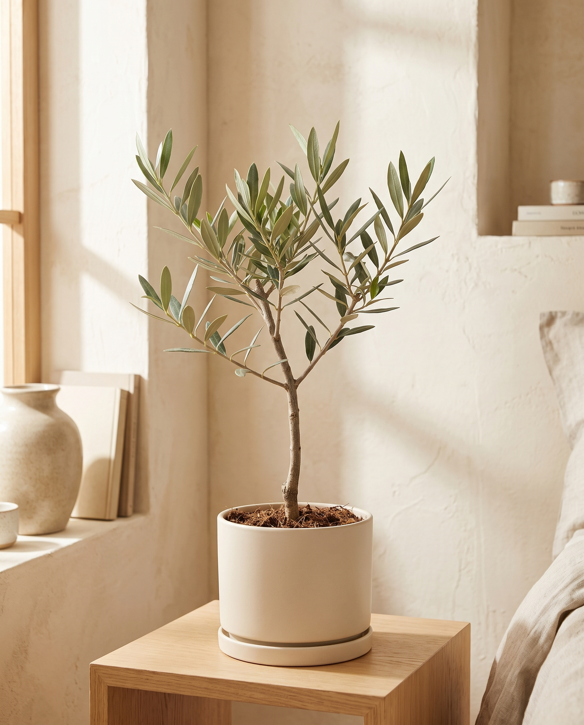 Single-stem Olive Tree in a cream ceramic on a wood side table